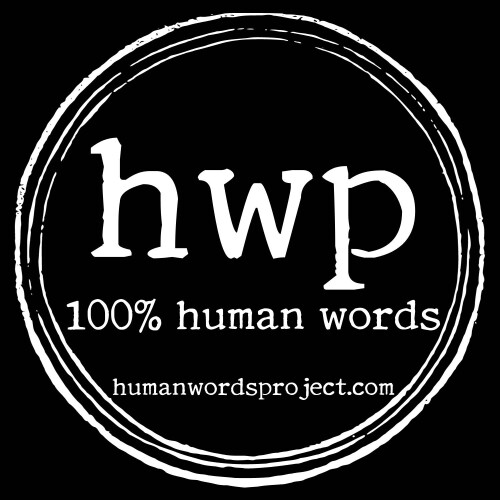 hwp 100% human words humanwordsproject.com in white text against a black background inside a white circle