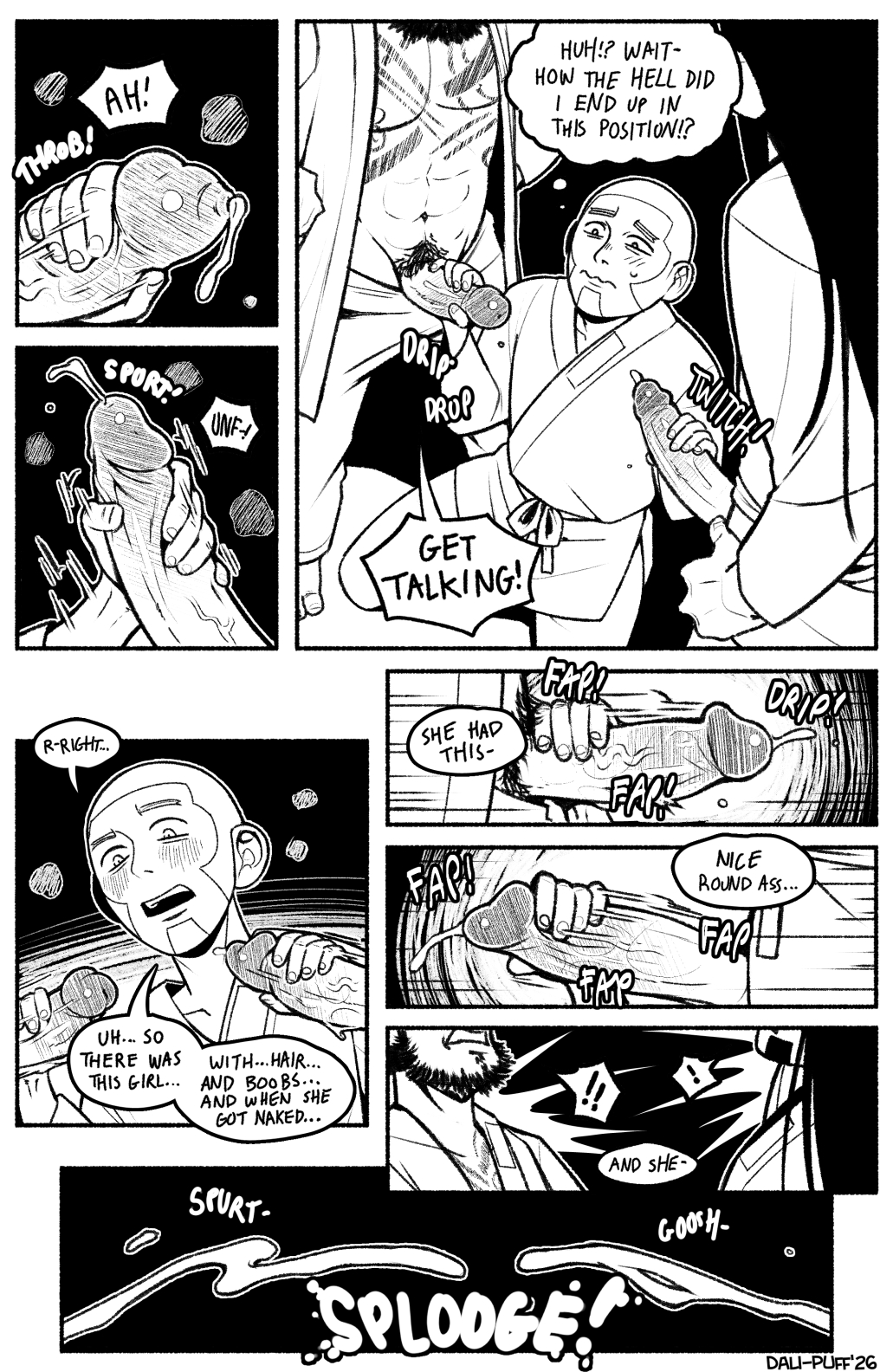 Page 4 of the comic. Shiraishi holds both of their cocks in his hands. Shiraishi (thinking): "Huh!? Wait- How the hell did I end up in this position?" Nihei: "Get talking!" Shiraishi: "R-right... Uh... So there was this girl... With... hair... and boobs... and when she got naked..." Shiraishi: "She had this- nice round ass... and she-"