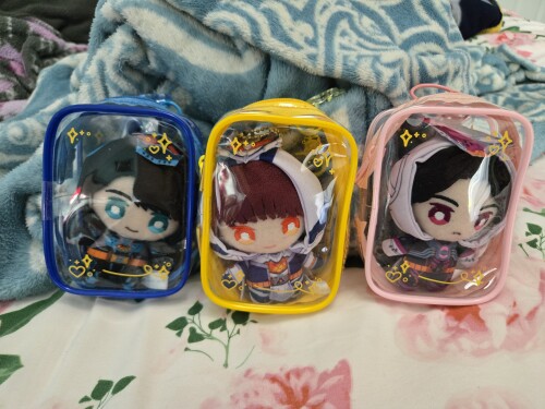 Mini plush pouches of Hotaro, Rinne, and Spanner.