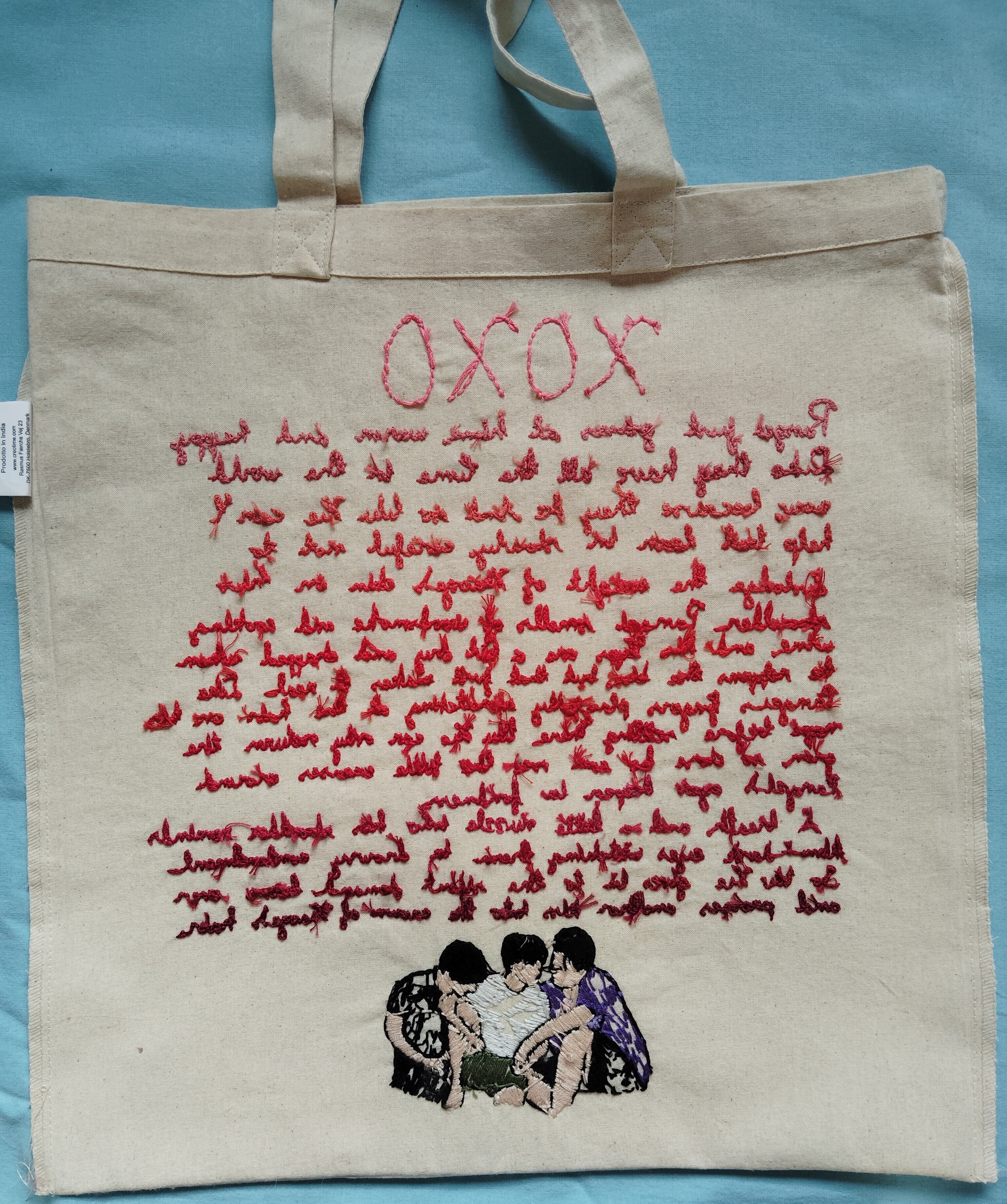 Embroidered tote bag. Backside of the embroidery.