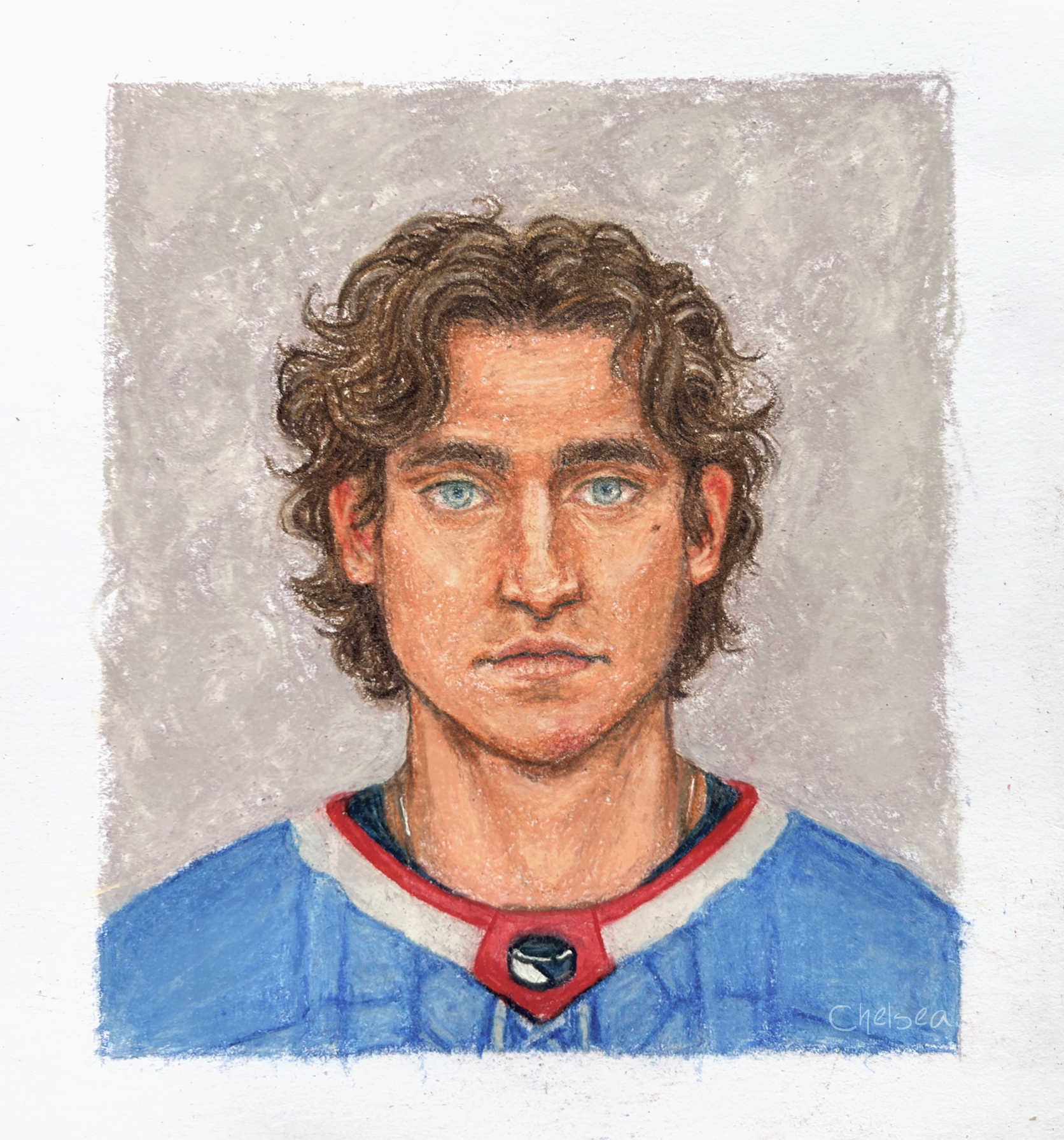 Colored pencil drawing of a young man's MLH rookie picture. He has longer, curly brown hair, a straight nose, and he's not smiling.