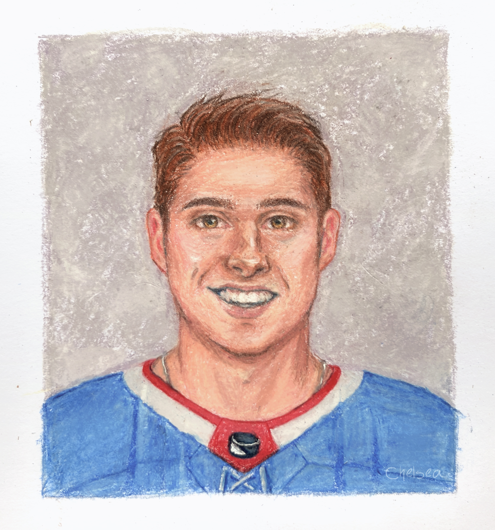 Colored pencil drawing of a young man's MLH rookie picture. He has short, russet hair, a crooked nose, and he's smiling with a dimple on one side.