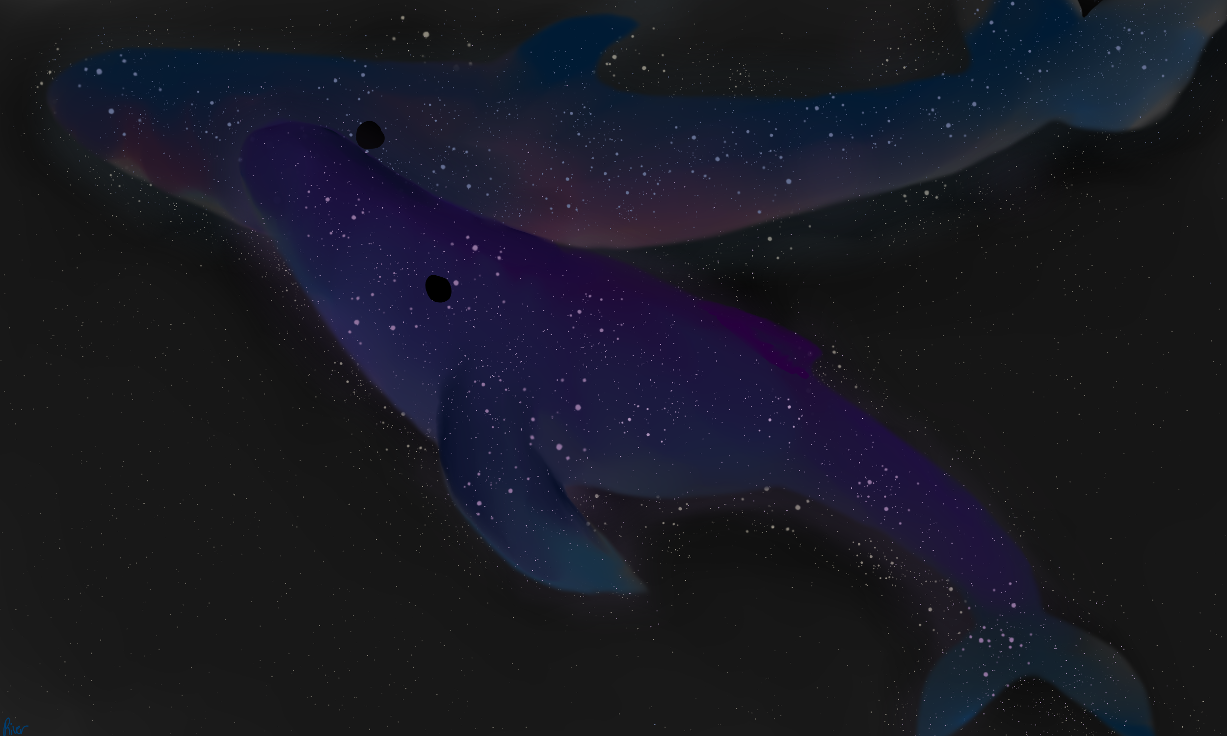 Two space whales flying together, covered by and surrounded by stars.
