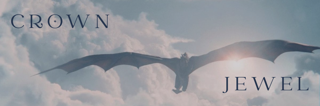 Fic header with title, crown jewel, over background image of a dragon flying in the clouds