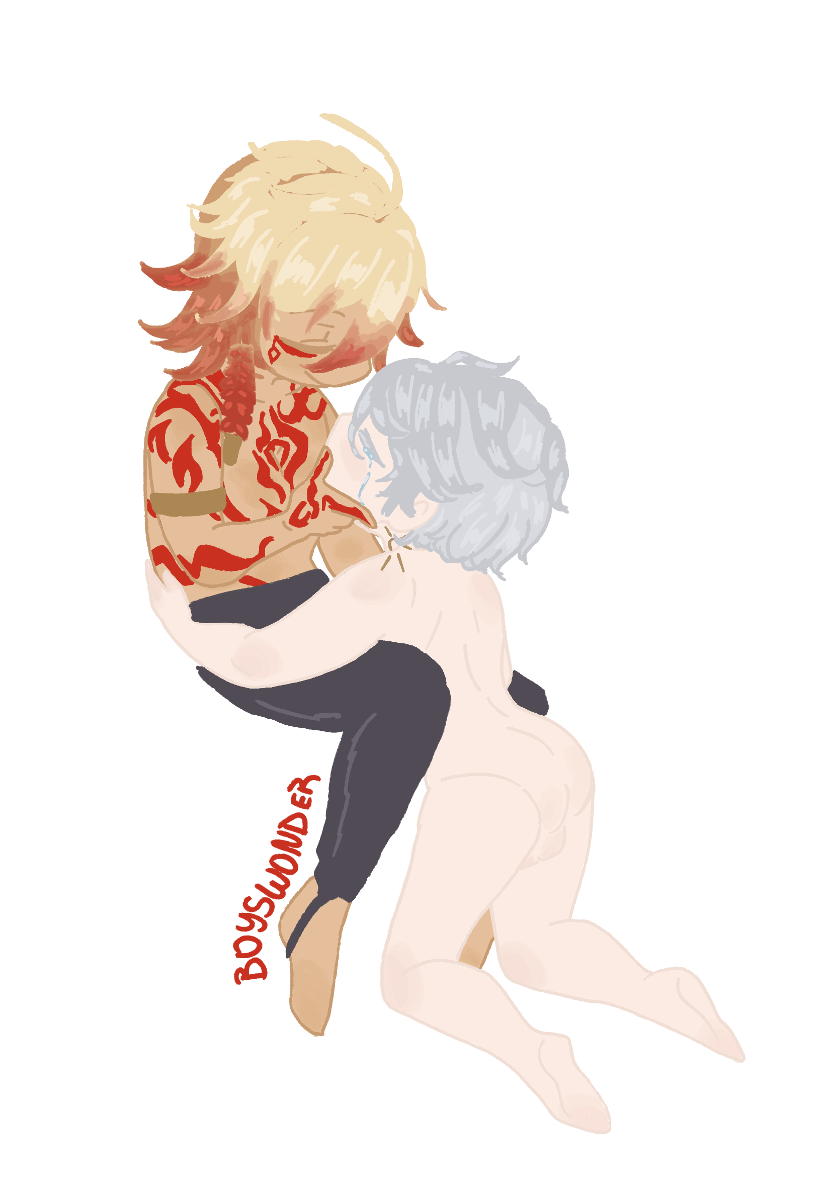 A chibi-ish image of Phainon from Honkai: Star Rail on his knees in front of Mydei, naked and crying while Mydei cradles his face affectionately.