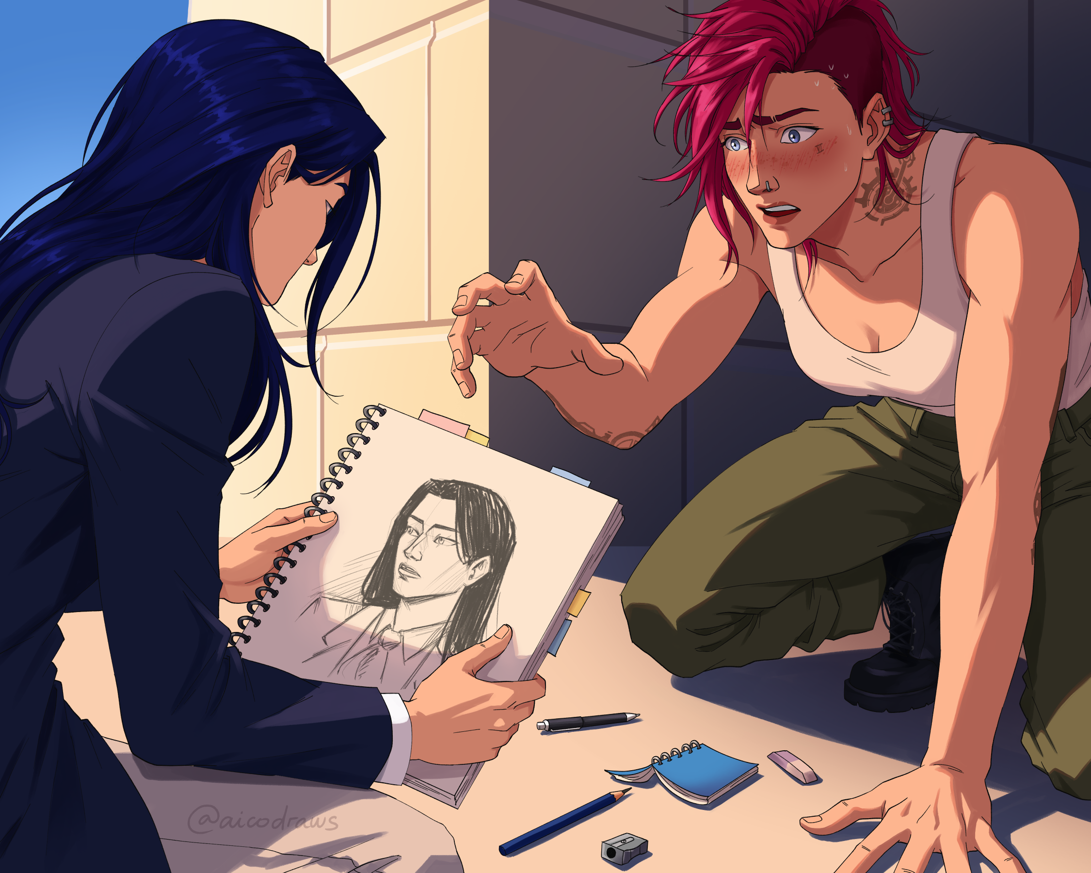 caitlyn looking at the drawing and vi blushing