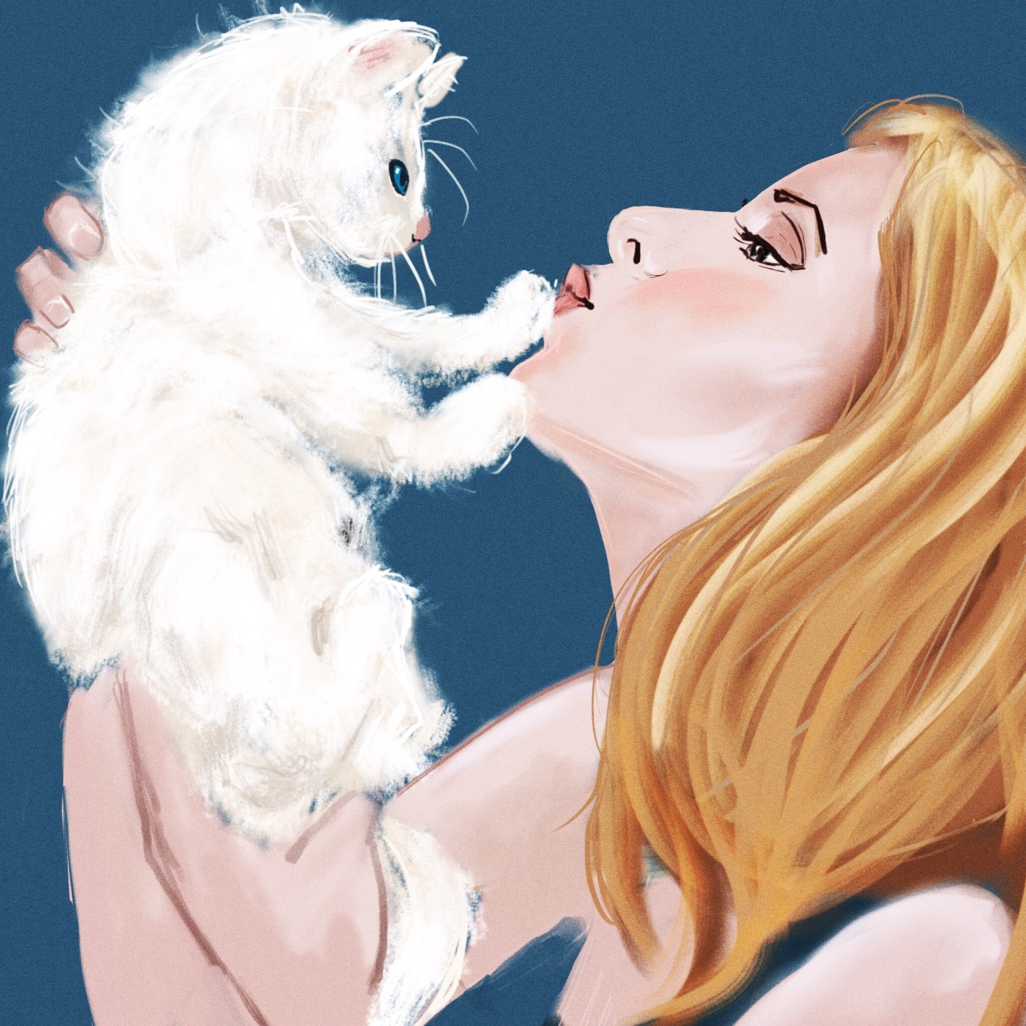 digital painting of Buffy and Spitten; Buffy is holding him up and making a kissy face at him; Spitten has his paws on her chin and looks mildly disgruntled about the whole affair