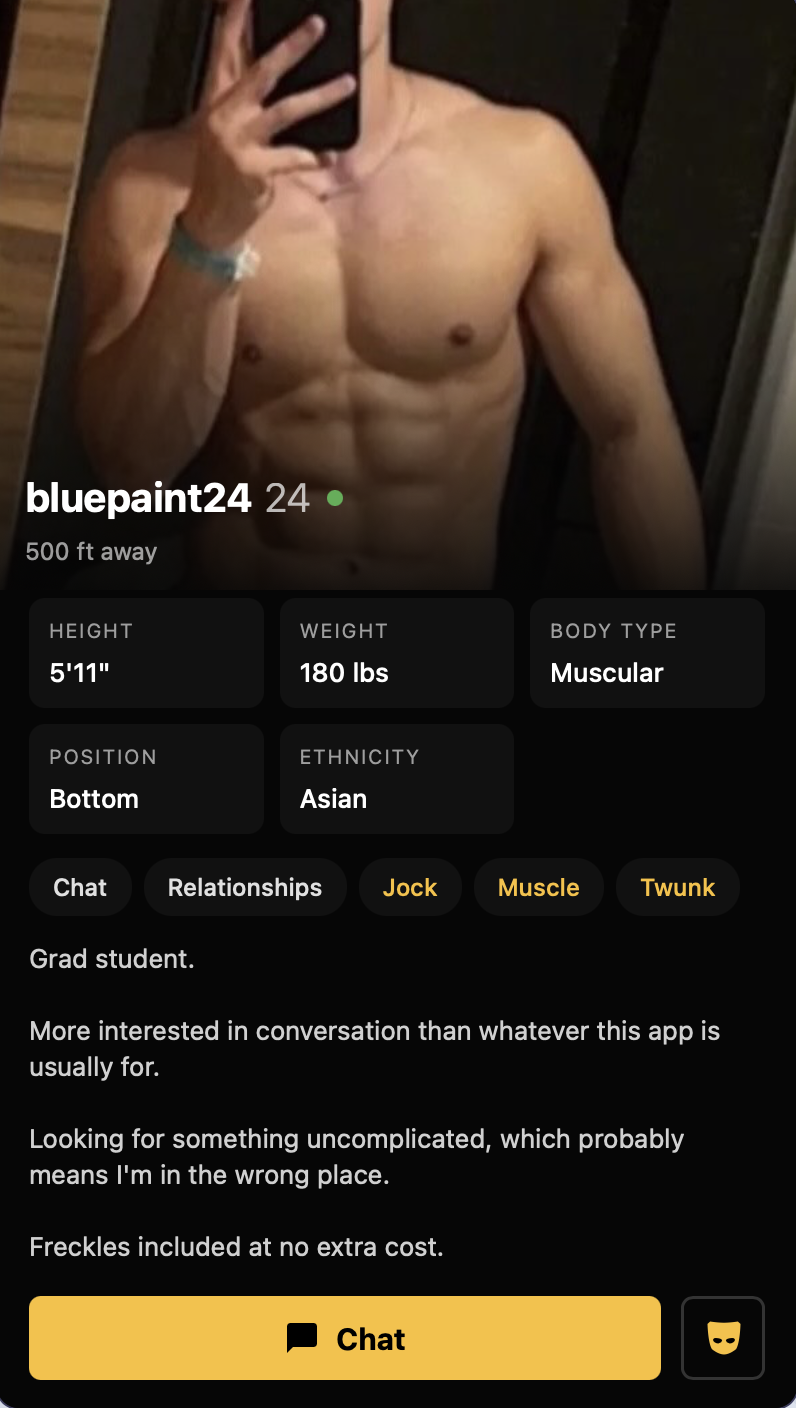 Shane's Grindr Profile: BluePaint24