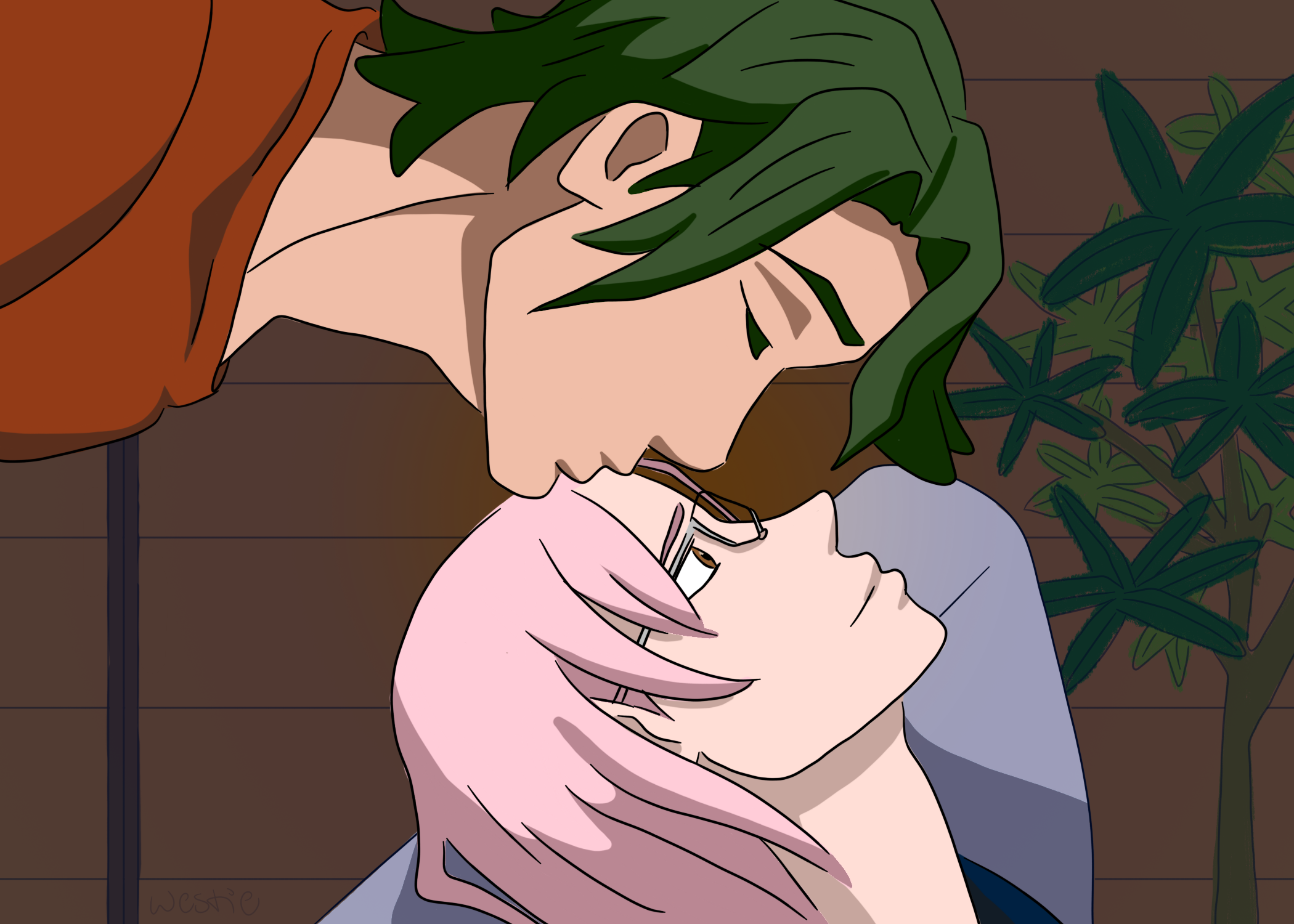 Kojiro leans down to smooth Kaoru on the forehead