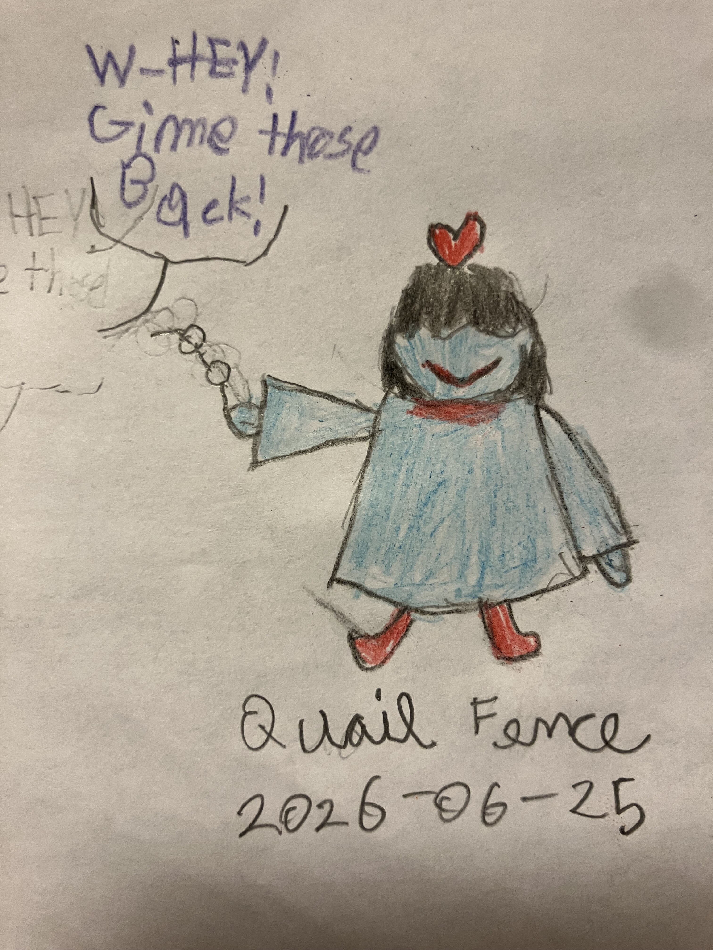 Colored pencil drawing of Aqua from Deltarune. She’s smiling and holding up Seth’s glasses. Seth yells from off-page, “w-HEY! Gimme those back!” The piece is signed QuailFence and dated 2026-06-25.