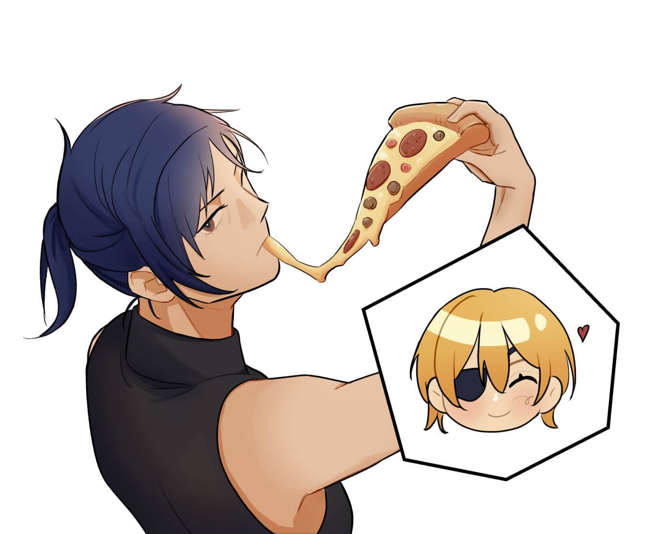 an art of felix eating a pizza and dimitri smiling at him offscreen