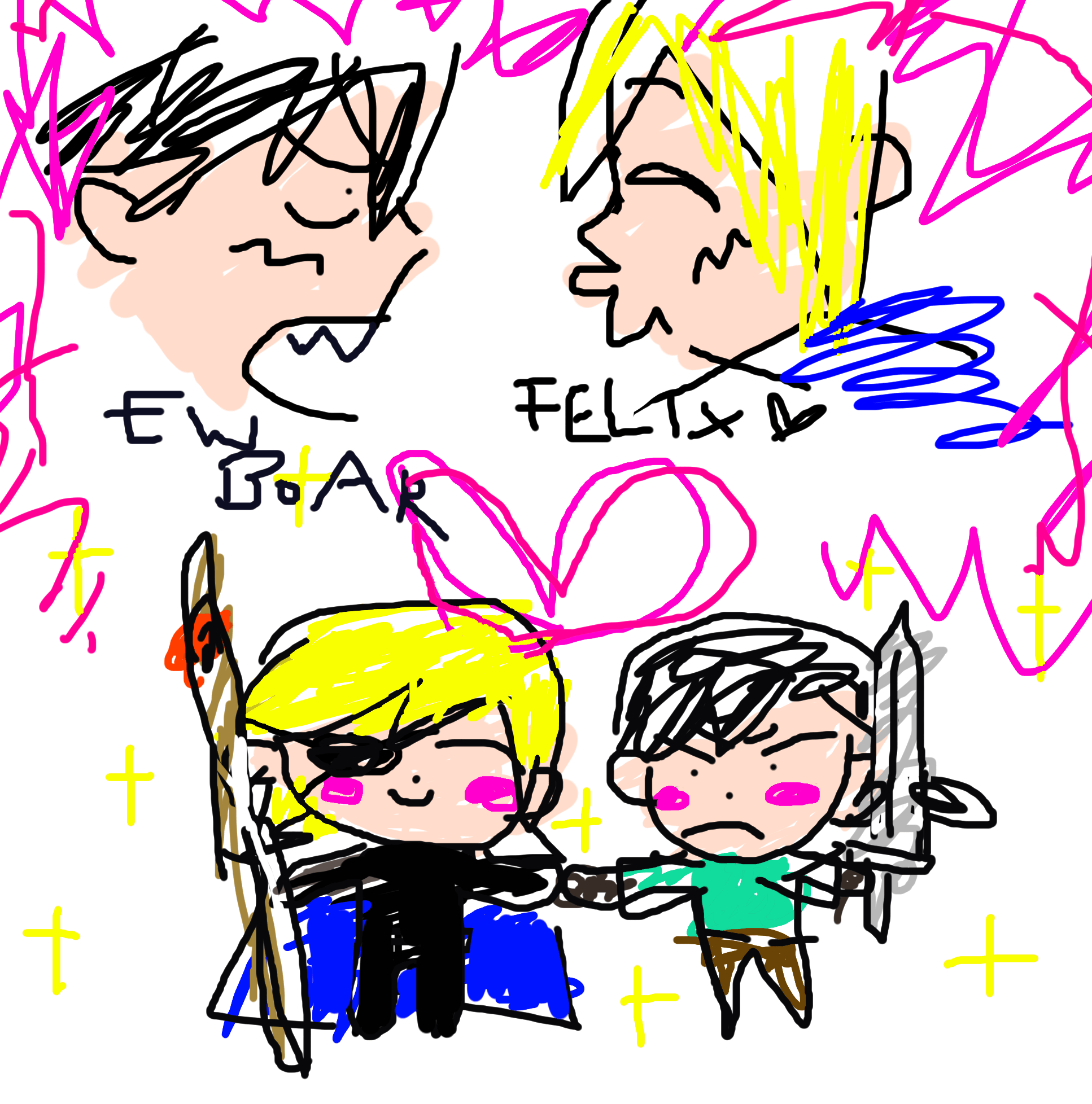 Dimitri and Felix from Fire Emblem Three Houses drawn as chibis in a messy MS paint style. The top drawing shows Dimitri making a kissy face at an embarrassed Felix. The bottom drawing shows them holding hands.