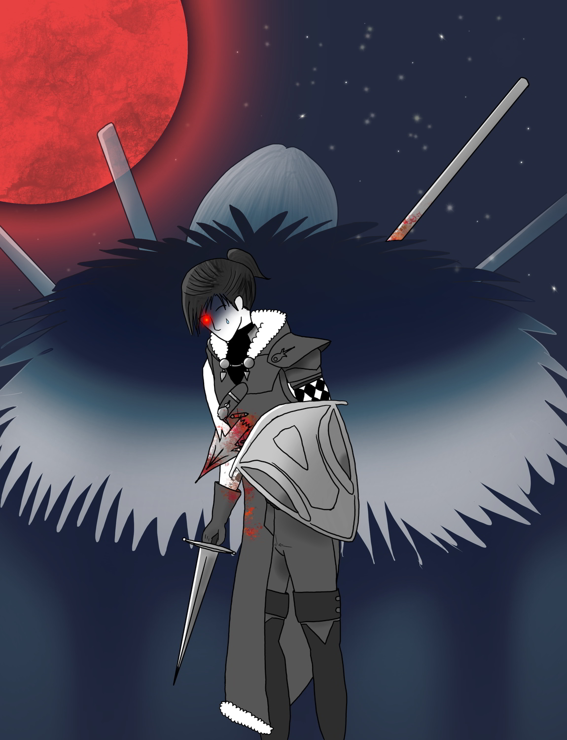 Felix stands in the foreground, a bloody spear through his chest. His right eye glows red and a tear sits upon his face. In the background, the back of Dimitri’s head and his cloak; a few spears appear to have been plunged into his chest, including the one that is through Felix. A red, glowing moon is in the upper right hand corner.