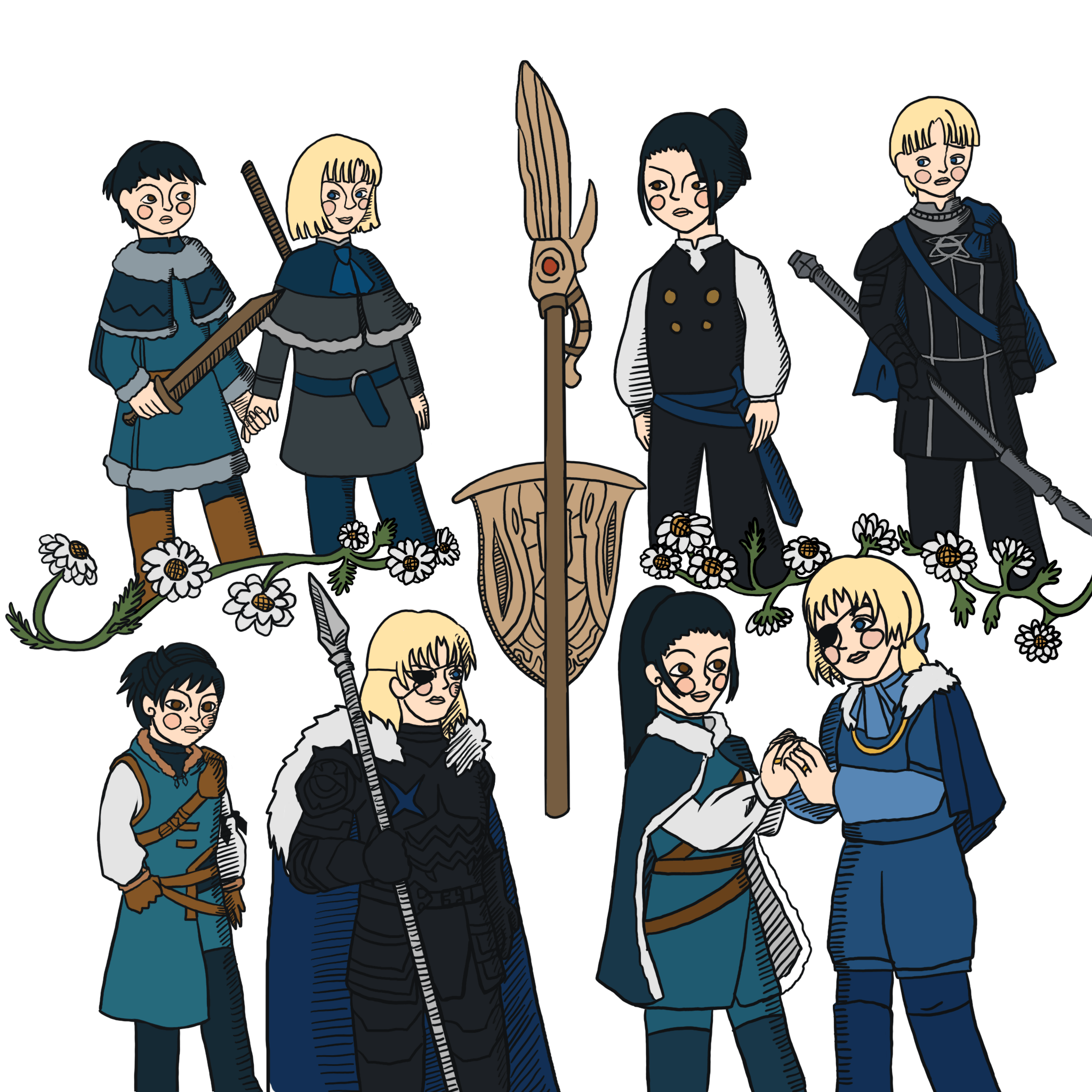 A painting in four pannels showing Dimitri and Felix throughout the years - On the first panel, they are holding hands as kids. On the second panel Felix shows an angry expression and turns his gaze from Dimitri, they both wear their school uniforms. On the third panel, Dimitri is looking away while Felix watches over him, both of them on their post timeskip attire. On the fourth panel they are holding hands again, this time as adults, while they gaze at each other lovingly. At the center, there is Areadhbar and the aegis shield acting as dividers for the different scenes.