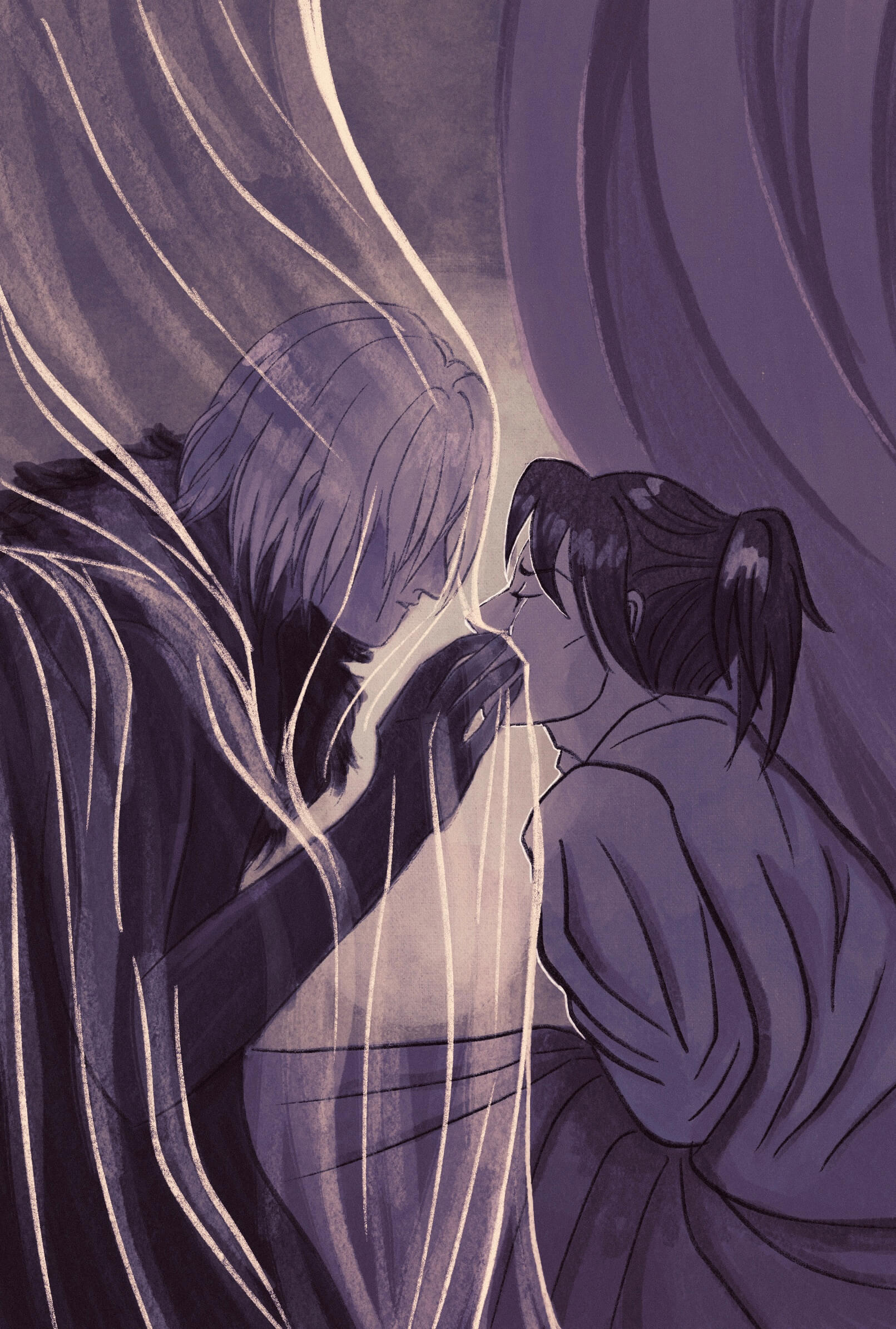 Felix sits upright in a curtained bed. Dimitri, partially obscured by a sheer veil, reaches out to try to brush a tear from his cheek.