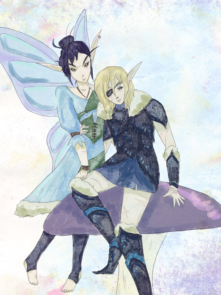watercolor style digital painting of dimilix as fairies. dimitri is sitting on a purple mushroom, dimitri's armor is similar to the game but with more skin and no cape, dimitri does not have wings, you can guess why. felix has a hand on dimitri's exposed thigh and is hovering next to dimitri, felix has blue and purple wings and is glaring at the viewer, dimitri has an arm around felix's waist. felix's outfit is similar to the game except leather parts are instead green and is barefoot, both have scars where their skin is visible.