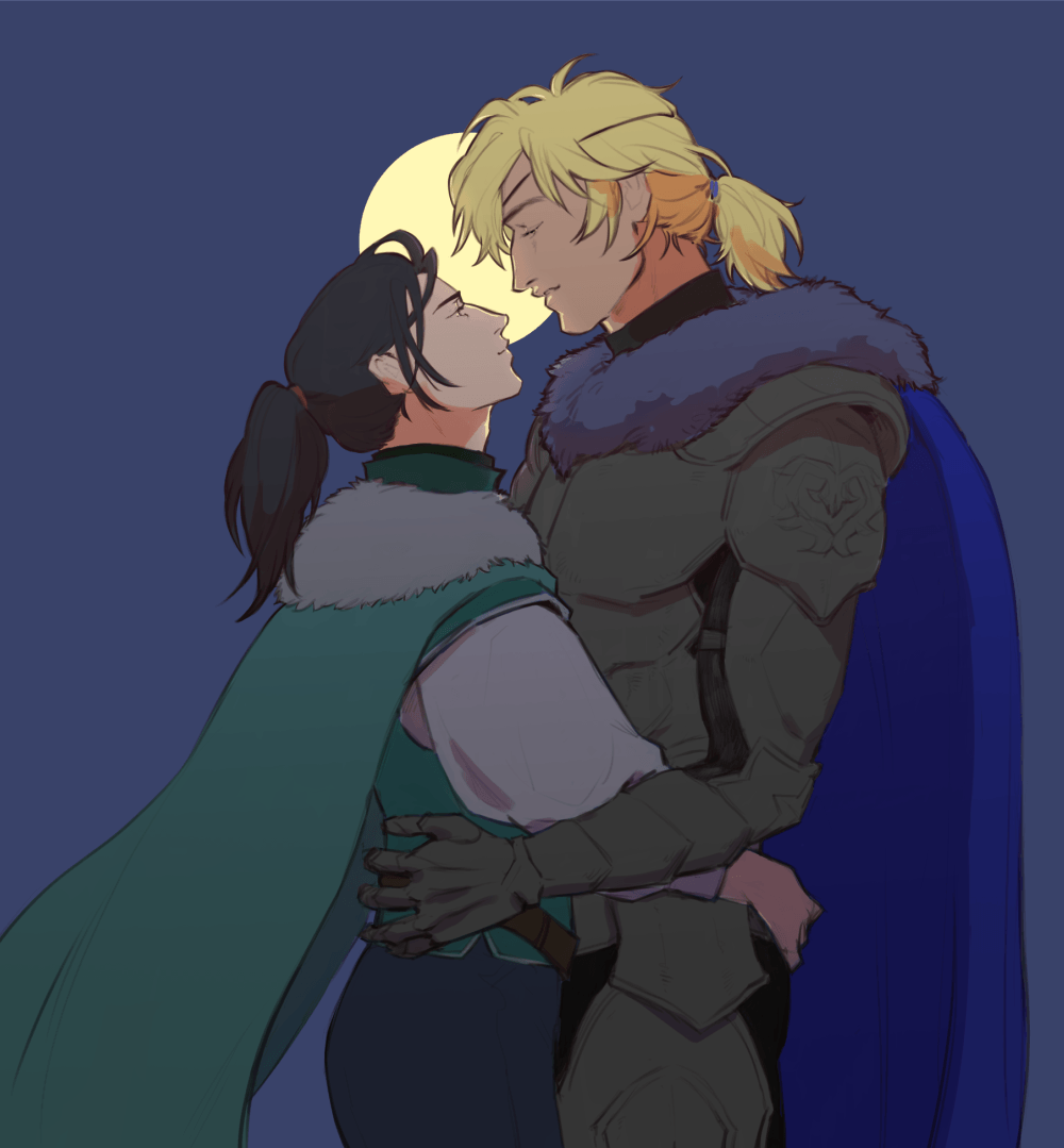 Felix and Dimitri embracing against a dark blue sky