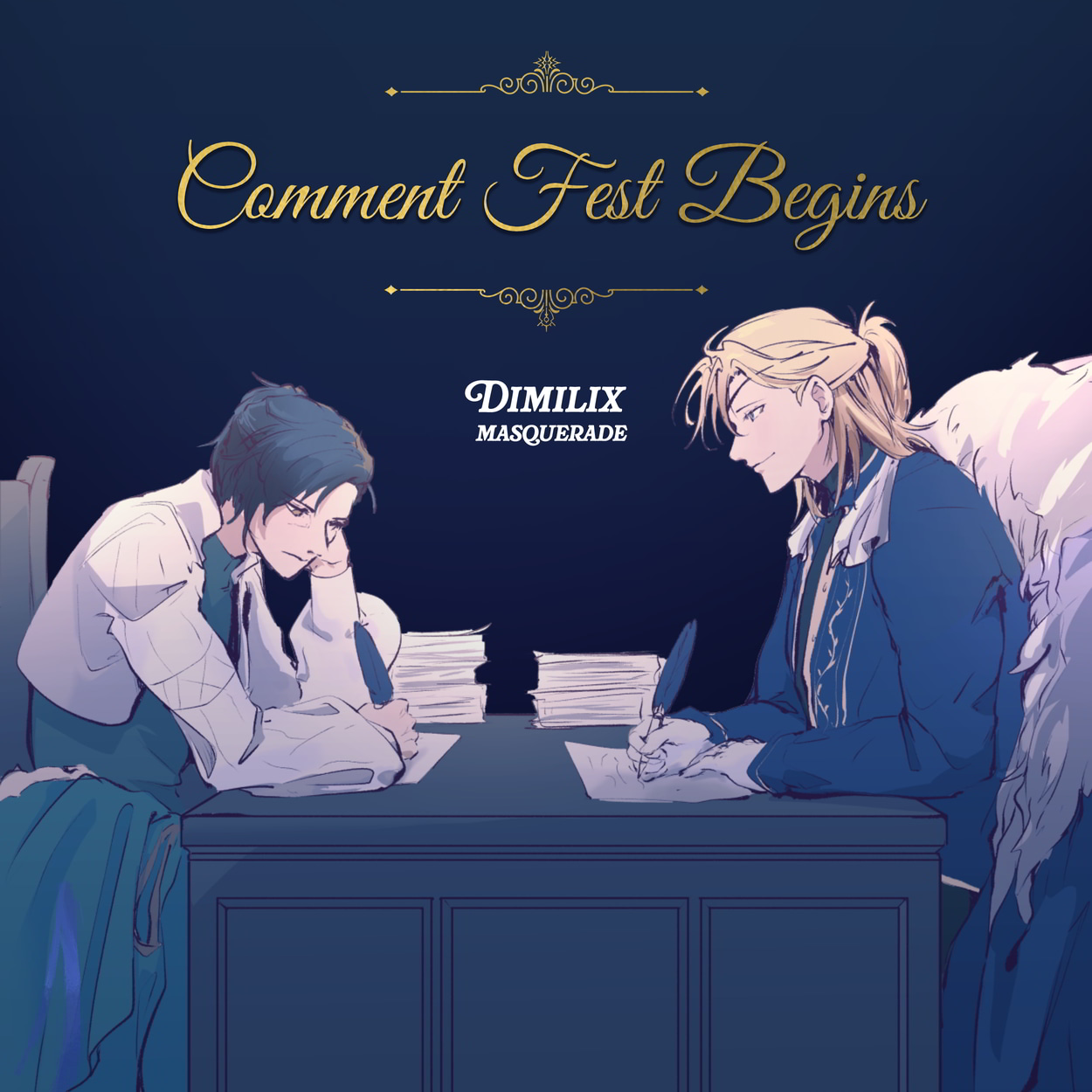 Art of Dimitri and Felix having a late night work session. The Dimilix Masquerade logo is positioned center-bottom