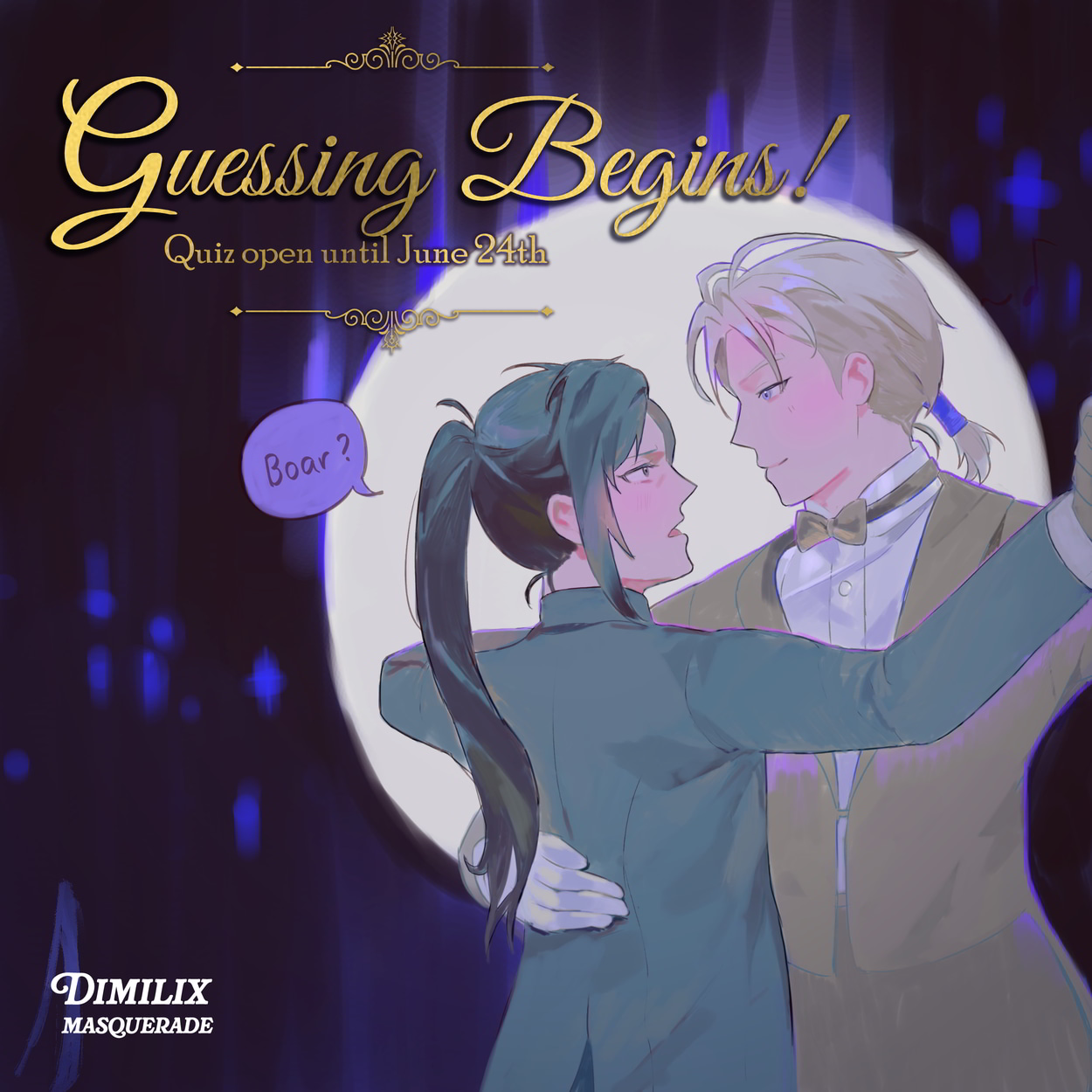 Art of Dimitri and Felix ballroom dancing. The Dimilix Masquerade logo is positioned center-bottom