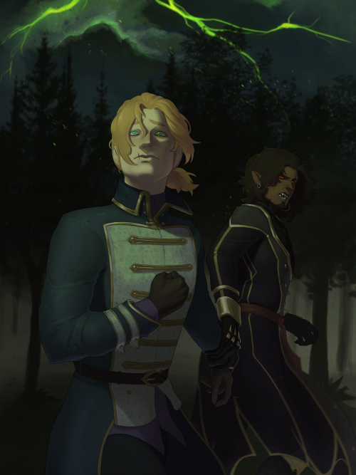 It is night time. A young Anduin looks towards the viewer while a young Wrathion tries to pull him away. They are both bathed in sickly green light.