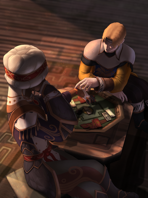 MOP-era Anduin and Wrathion sit across from each other arounda jihui board. Wrathion has one arm extended with his soulmate mark exposed, which Anduin is examining closely.