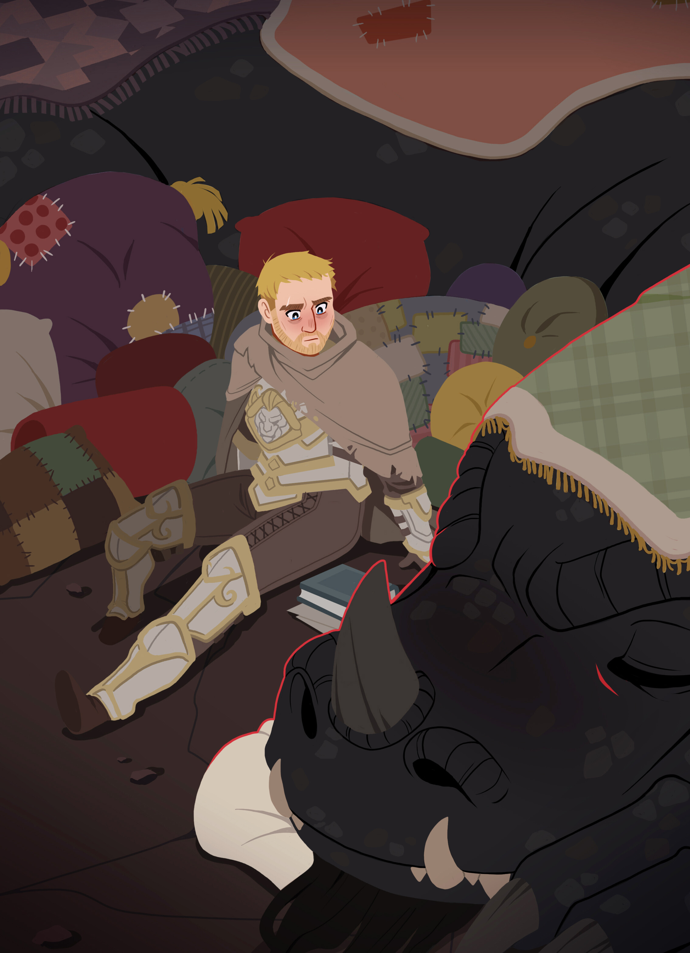 Illustration by lzarts. Wrathion in his dragon form is curled up and covered in blankets and pillows. His eyes are closed, probably asleep. By his side is Anduin, looking at Wrathion with uncertainty.