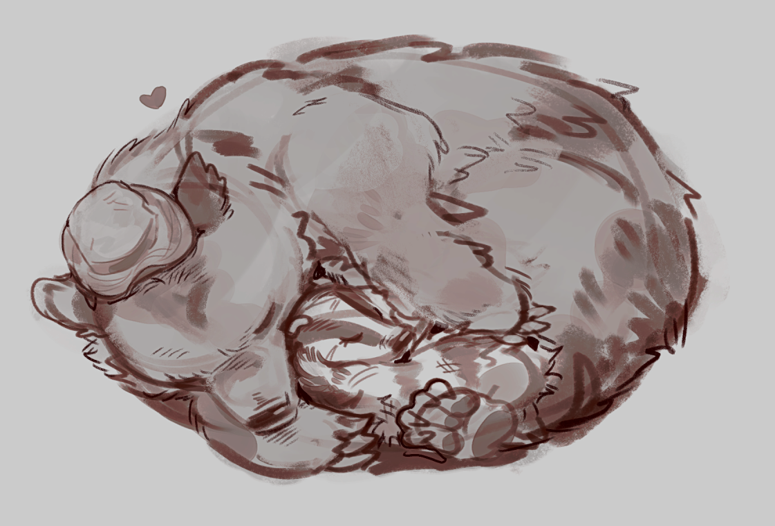 A snuggly artwork of bear price and badger ghost cuddling and eeping. Bear Price has his signature fisher hat on and is absolutely fucking curled around badger Ghost. Badger Ghost has a lot of scars, but he looks super content and comfortable. They're snuggly wuggly and super cute.