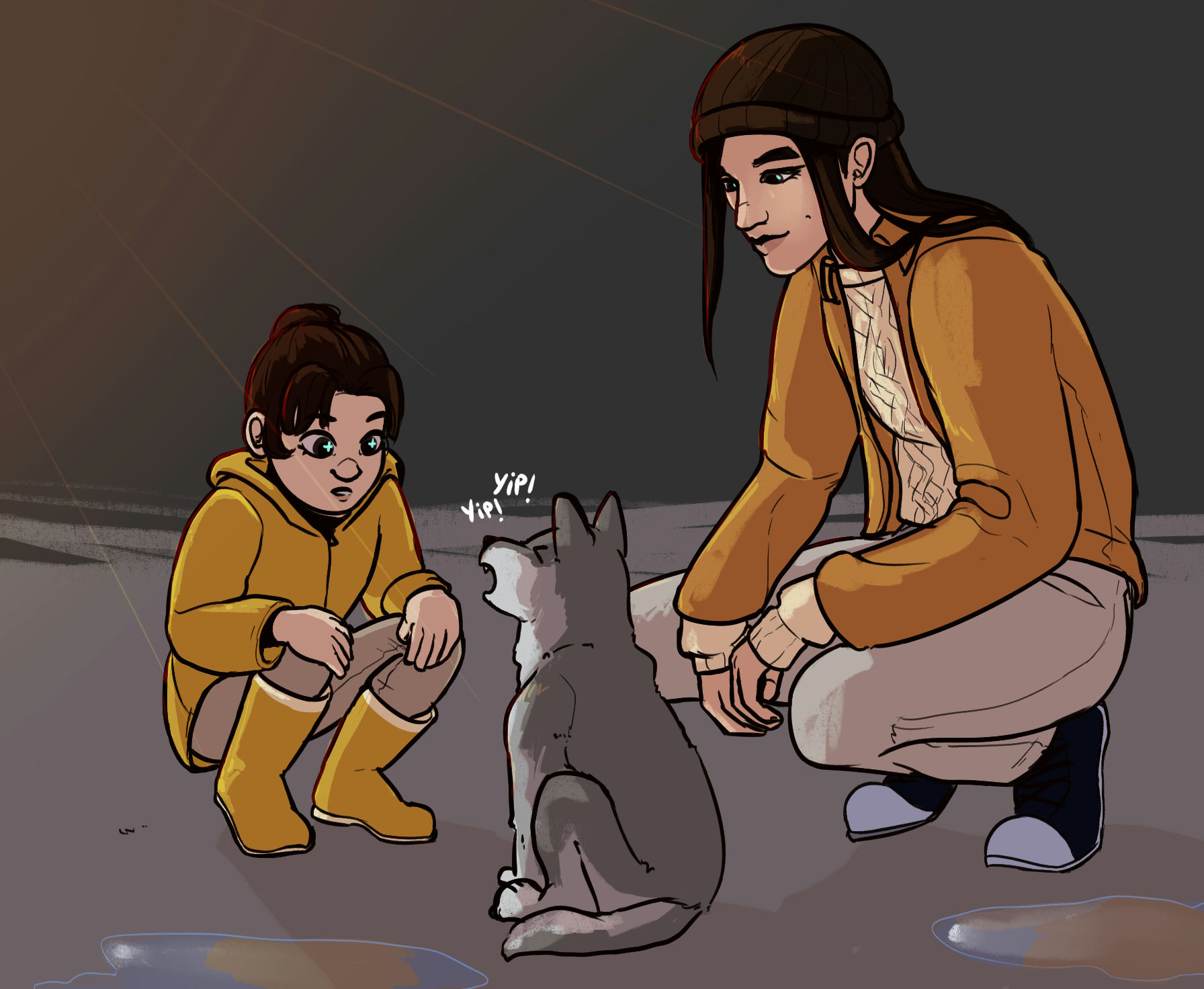 Digital fan art from The untamed, of two characters crouching on the ground and playing with a puppy. Jin Ling, a young child, is wearing a yellow rain coat. He looks at the puppy with amazement. The second character is Meng Yao, an adult man wearing a black beanie and a yellow jacket.