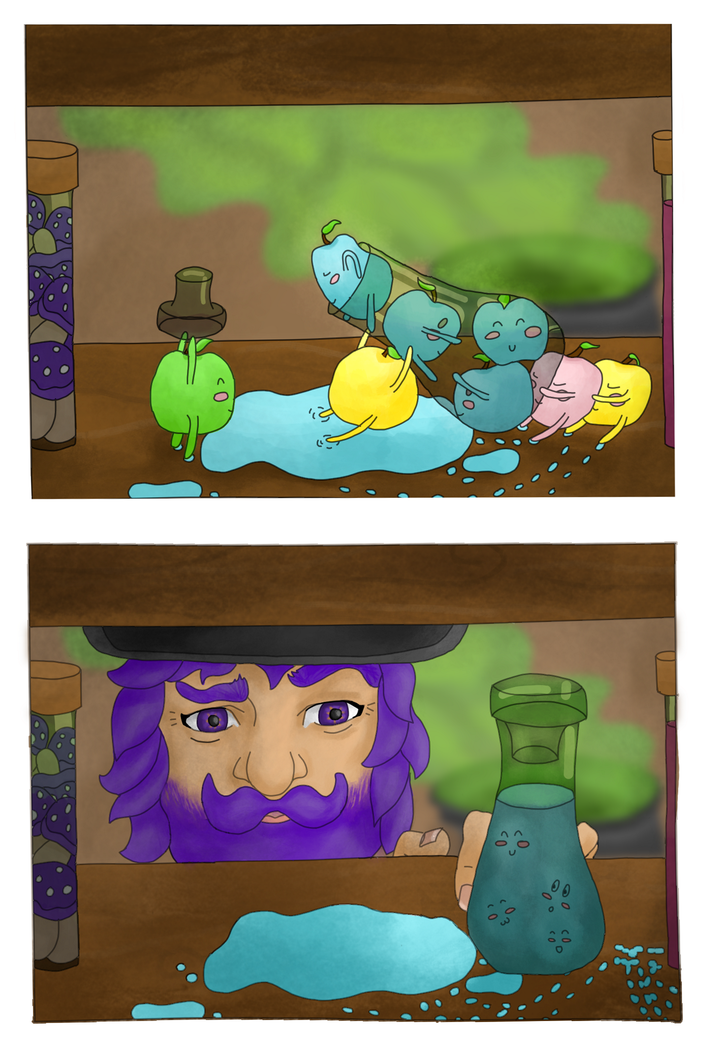 A two-panel digital comic in a simplified style. The background is the same for both panels: the top and bottom sections are taken up by wooden shelves. The viewer looks between them at the rest of the wizard’s room, softly out of focus, rendered in tan, with his cauldron full of something green and billowing out lighter green steam. On the left side of the shelf can be seen the edge of a green glass bottle full of purple mushrooms, stoppered with a cork. On the other side is an identical bottle containing something pink. The first panel features seven baby junimos standing in and around a puddle of spilled blue potion. Tiny circular dots of potion mark where they walked over the shelf. A yellow junimo struggles to push a green glass bottle back upright while one pink and one yellow junimo pull it from the other side. Two junimos, the same shade of blue as the potion, are already in the bottom of the bottle. A third comes sliding down the bottle towards them while a fourth wiggles itself into the neck of the bottle. A green junimo stands off to the side, holding the green glass stopper. In the second panel, the bottle is upright. The contents are liquid, but we see four junimo faces with different happy or watchful expressions in the bottle. The spill is still there, now with more tiny footprints. We see most of the wizard’s face from between the shelves as he peers at the bottle. One eyebrow is raised and he has a faintly amused and indulgent smile. His fingers rest on the edge of the shelf. End ID.