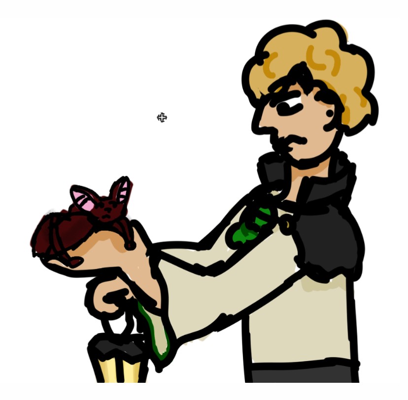 Martyn Woodhurst scowling at tiny Shelby-bat while holding her in his hands.