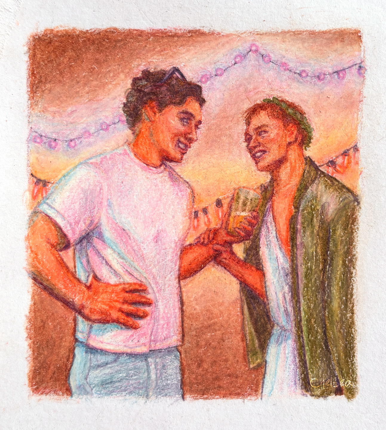 Colored pencil drawing of two young men in halloween costumes smiling at each other while one grabs the other's arm.