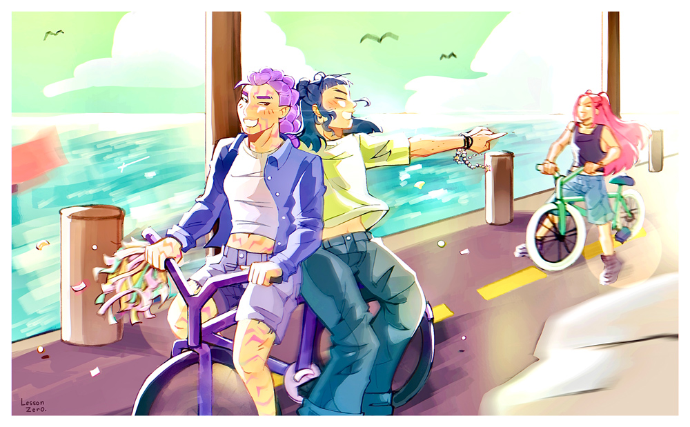 Rumi and Zoey on a bike riding down the streets of Jeju Island; Zoey is pointing and laughing at Mira, who rides behind them