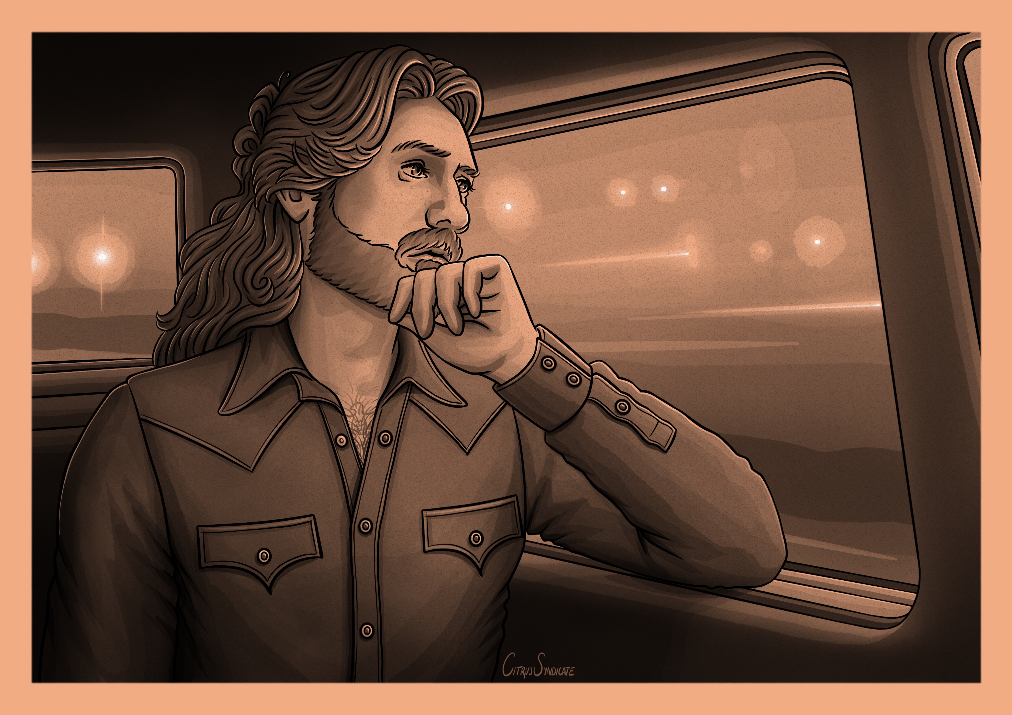 A digital drawing in sepia tones of Ed in the back of a car, gazing pensively out the window, eyes glossy. His hair is half-up and he wears a western shirt, unbuttoned just enough to show a peek of chest hair and his hawk tattoo. Outside the window are fuzzy lights in the sunset as they drive down the freeway.