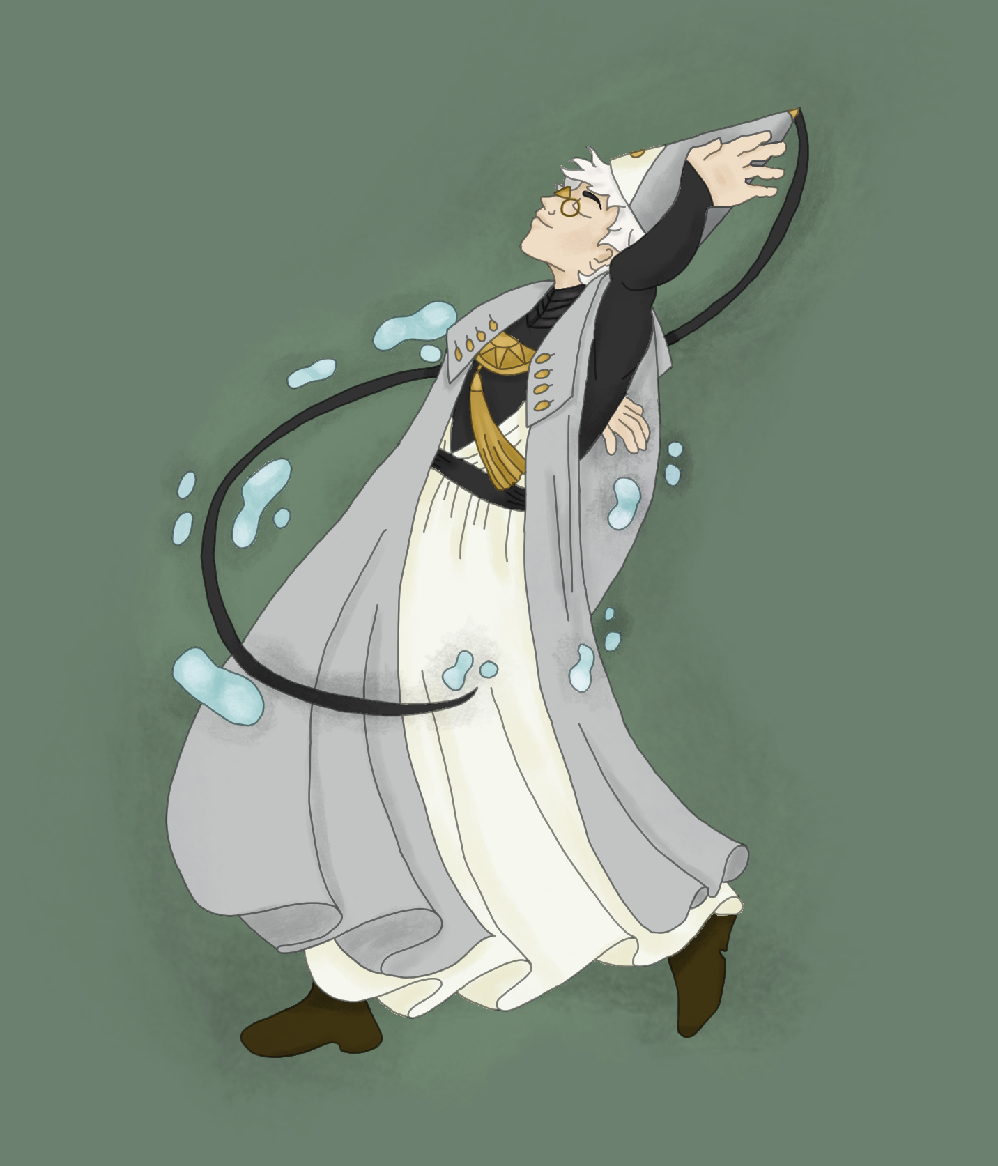 A full-body stylised portrait of Qifrey. His body leans back as he dances, though his weight is on his front foot as he takes a step with the back foot. The arm facing us is flung high in the air while his other arm is lower, though still out to his side. His robe and cloak flow with his movement. The ribbon on his hat flows around him, too. Drops and blobs of water sail through the air around him, following the path of the ribbon. He looks content and his eyes are closed. There's a soft shadow behind him on the sage-green background. End ID.