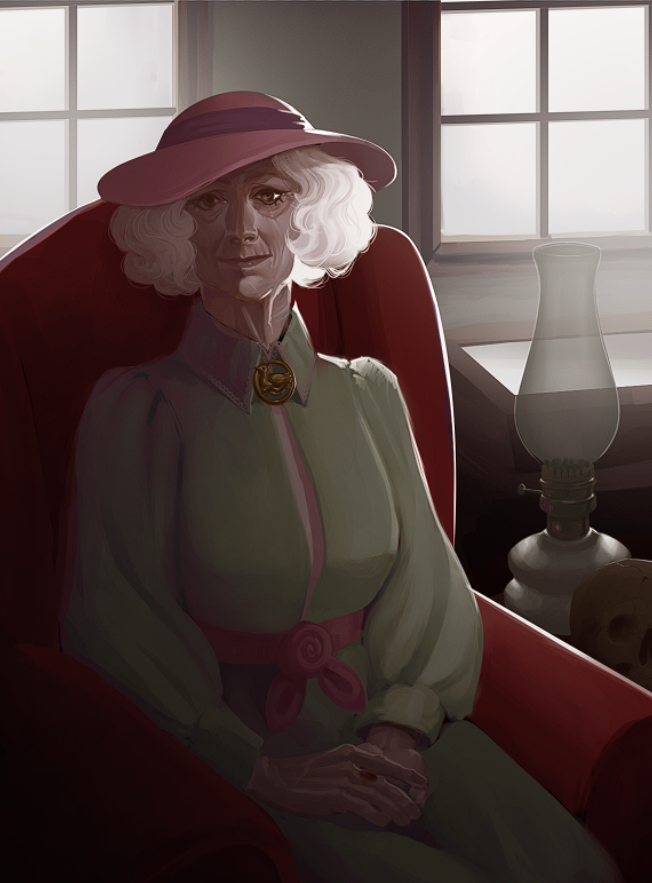 A prim, elderly woman sits in a comfortable chair. She is wearing a green dress, wide-brimmed hat, and a kindly smile. At her neck is a brooch shaped like a duck with a red gem eye. On the side table sits a gas lamp and a human skull.