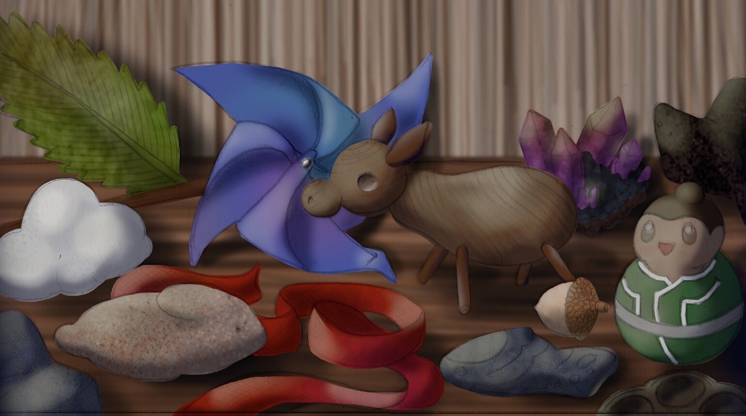 Digital artwork of a crowded shelf containing rocks and small toys