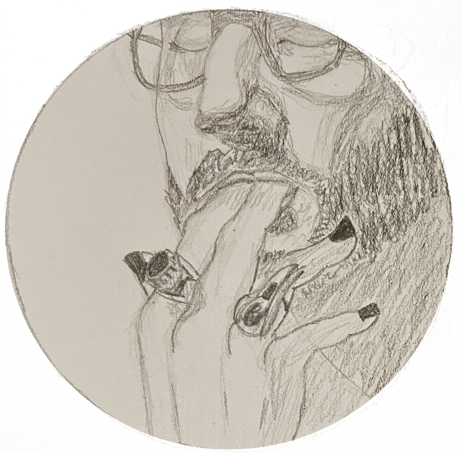 A sketchy pencil drawing on a circular background. It combines some hard lines with areas defined by soft shadows. It shows Ben at a three-quarter angle from his eyes to his neck, though the border cuts off the drawing along his cheek so that we don't see his ear. He has his glasses on and his eyes closed. We see Courbet's hand coming up from the bottom of the image. Ben's lips are closed around his index and middle fingers partway down the second knuckle. Courbet's other fingers are held loosely alongside. His nails are painted black. He wears a chunky silver ring with an inset black stone on his index finger and a silver ring shaped like a raven's skull on his fourth finger. End ID.