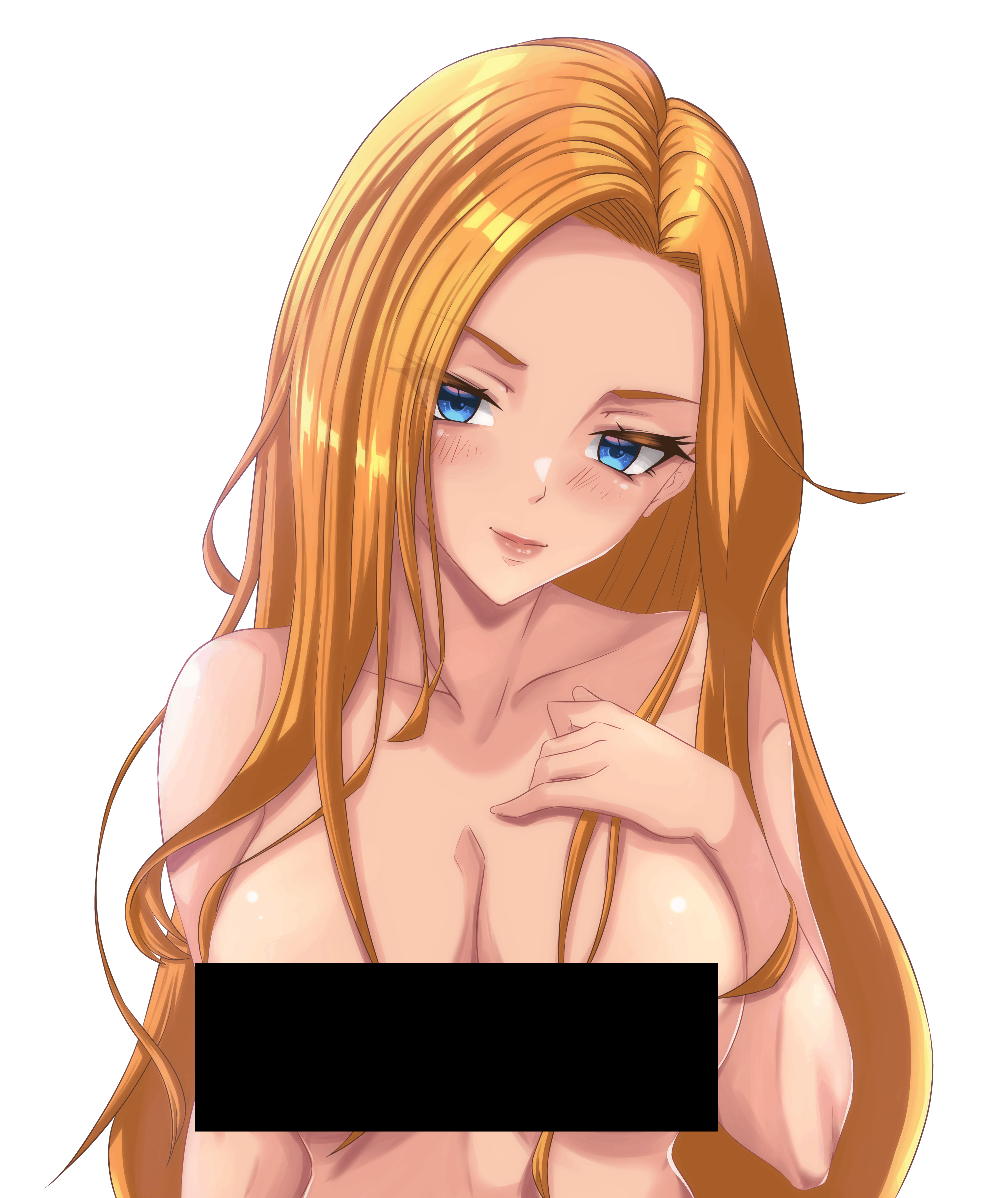 Nude Monica. Blonde woman, in anime art style, with blue eyes. Censored version.