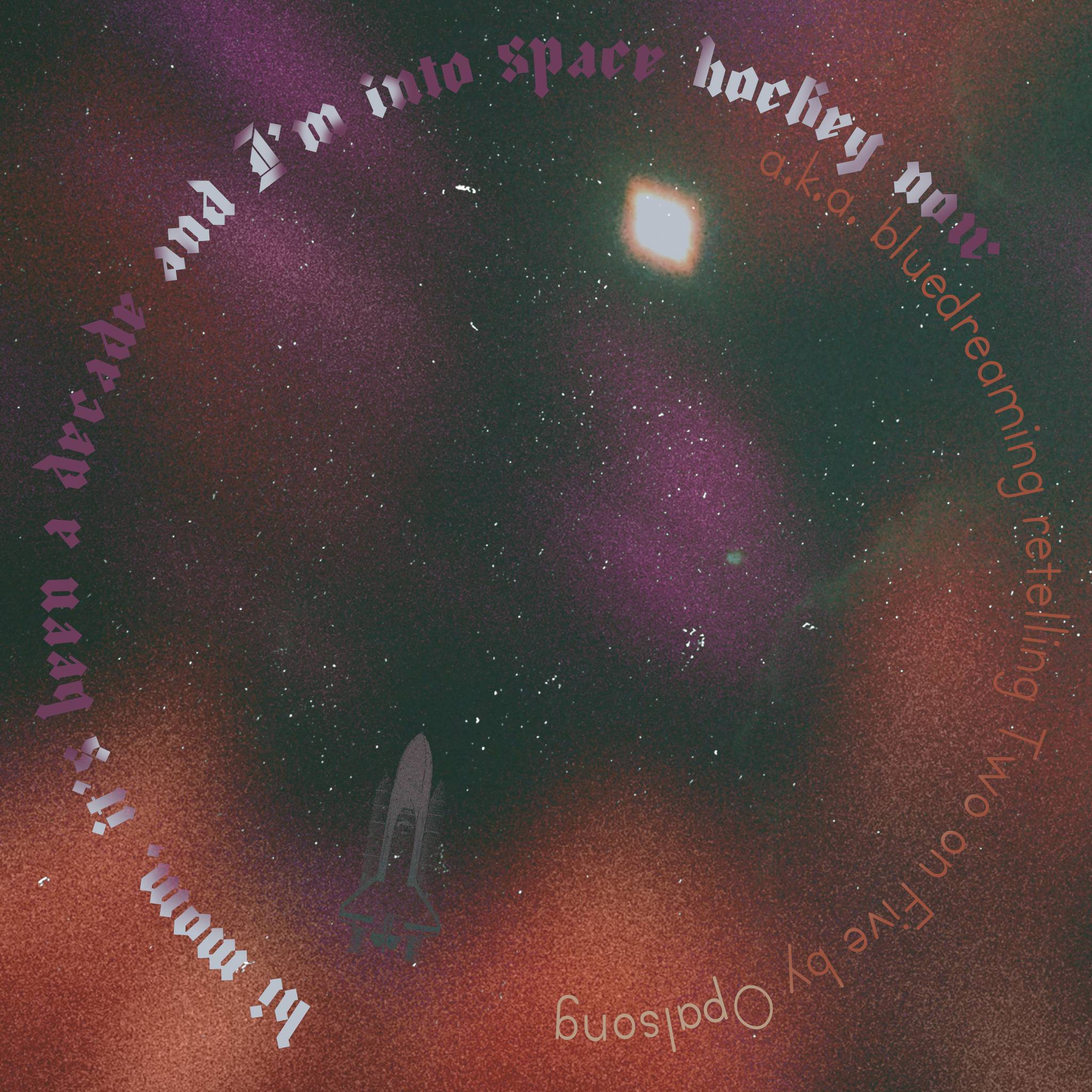 glowing moon surrounded by stars and space clouds and a rocket ship. text credits are wrapped in a disjointed ring.