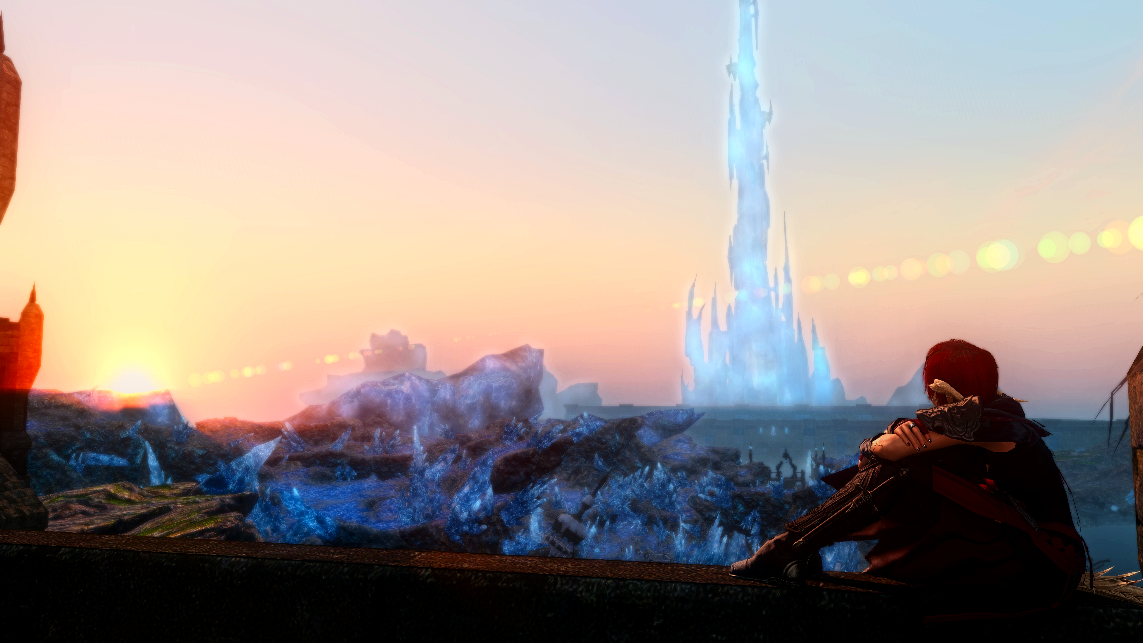 Aiko, a female Raen Au Ra, sits on a wall overlooking Mor Dhona, with the Crystal Tower and the rising sun visible on the horizon.