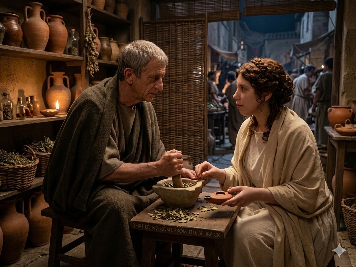 An older Roman man mixes herbs in a mortar pestle while a young woman holds an oil lamp in an ancient shop.