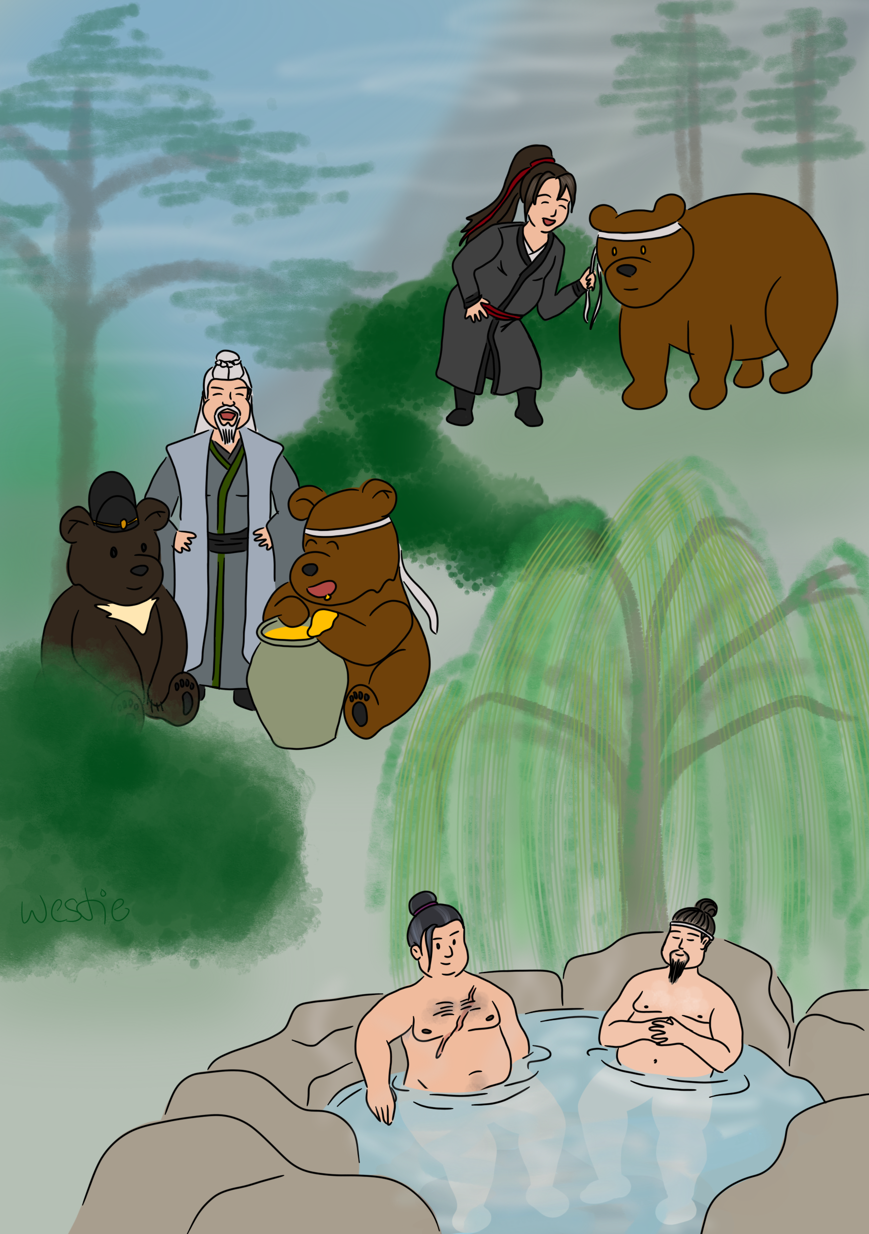 Cartoon of three groups of bears hanging out in a pleasant wooded area. A greying, potbellied Wei Wuxian tugs brown bear Lan Wangji's ribbon; Nie Mingjue, with white hair and beard, laughs as brown bear Lan Xichen eats honey, with a be-hatted moon bear Jin Guangyao looks on; and older, fatter Jiang Cheng and Lan Qiren relax in the hot springs.