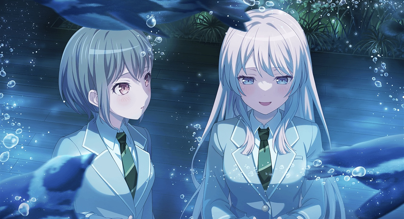 The untrained version of Bandori's "While We're Lost" card. Tomori and Anon are at the aquarium. The untrained version of Bandori's "While We're Lost" card. Tomori and Anon are at the aquarium.